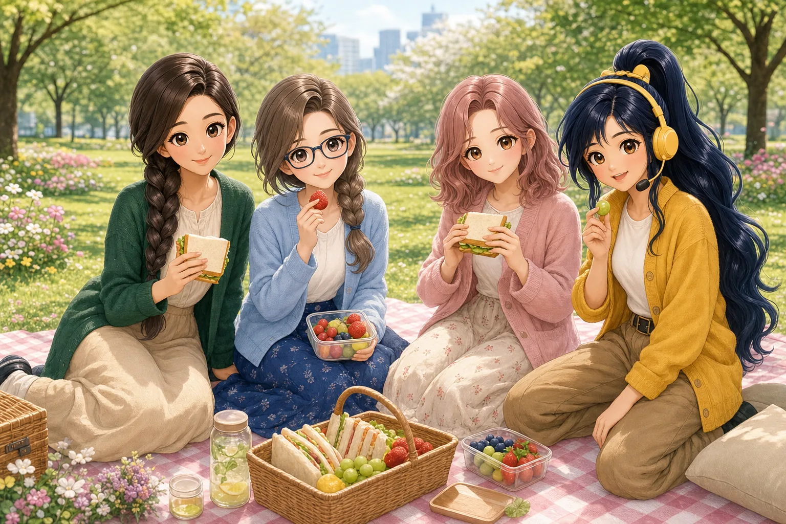銀城ナディア先生、灰原さや、薔薇崎ねむ、紺野アキが春の公園でピクニックを楽しむ様子