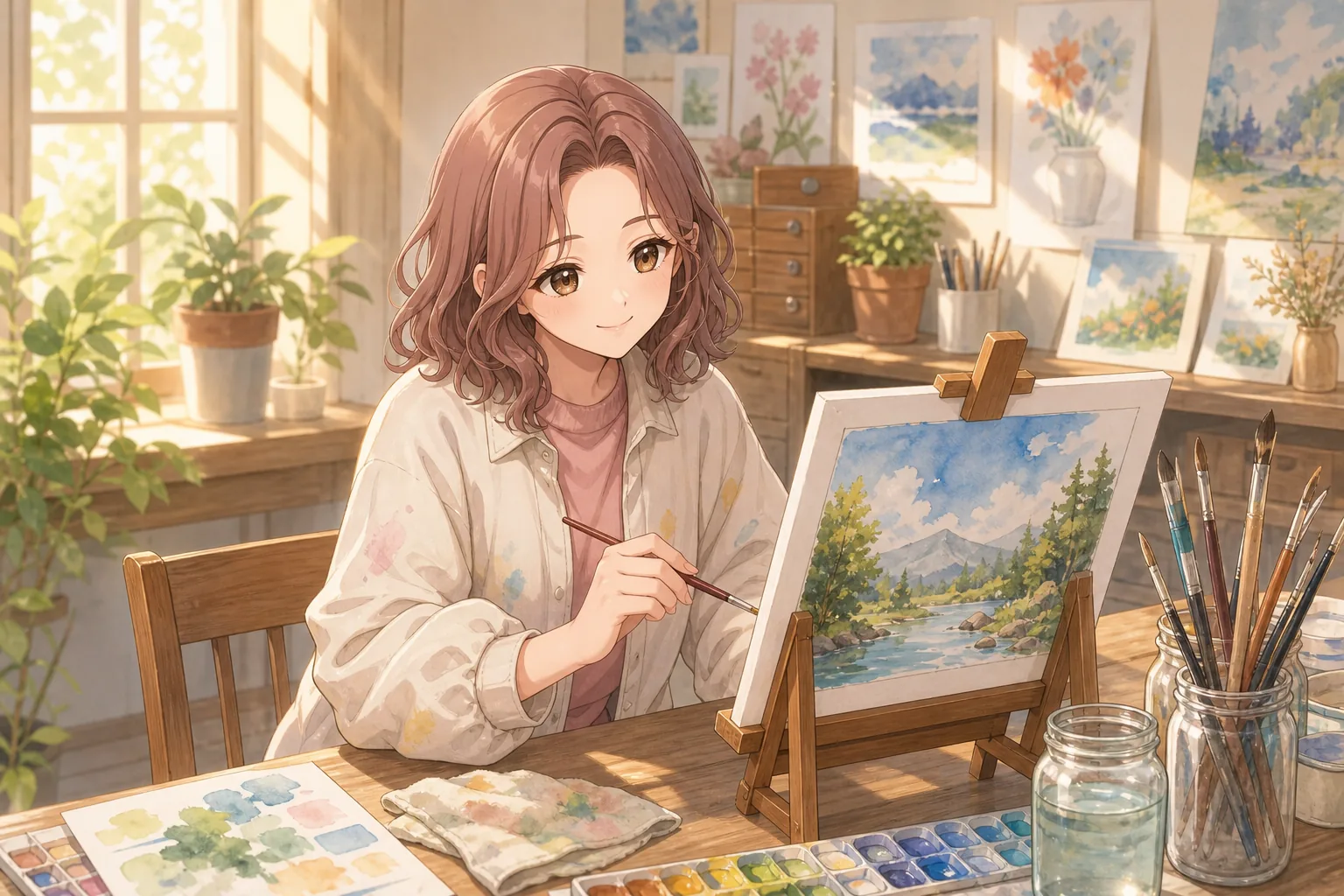 薔薇崎ねむが美術室で水彩画を楽しむ様子