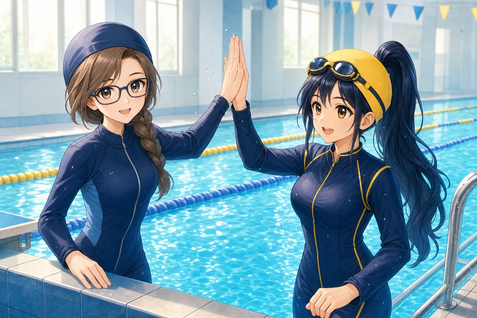 灰原さや、紺野アキが屋内プールで水泳リレーを楽しむ様子