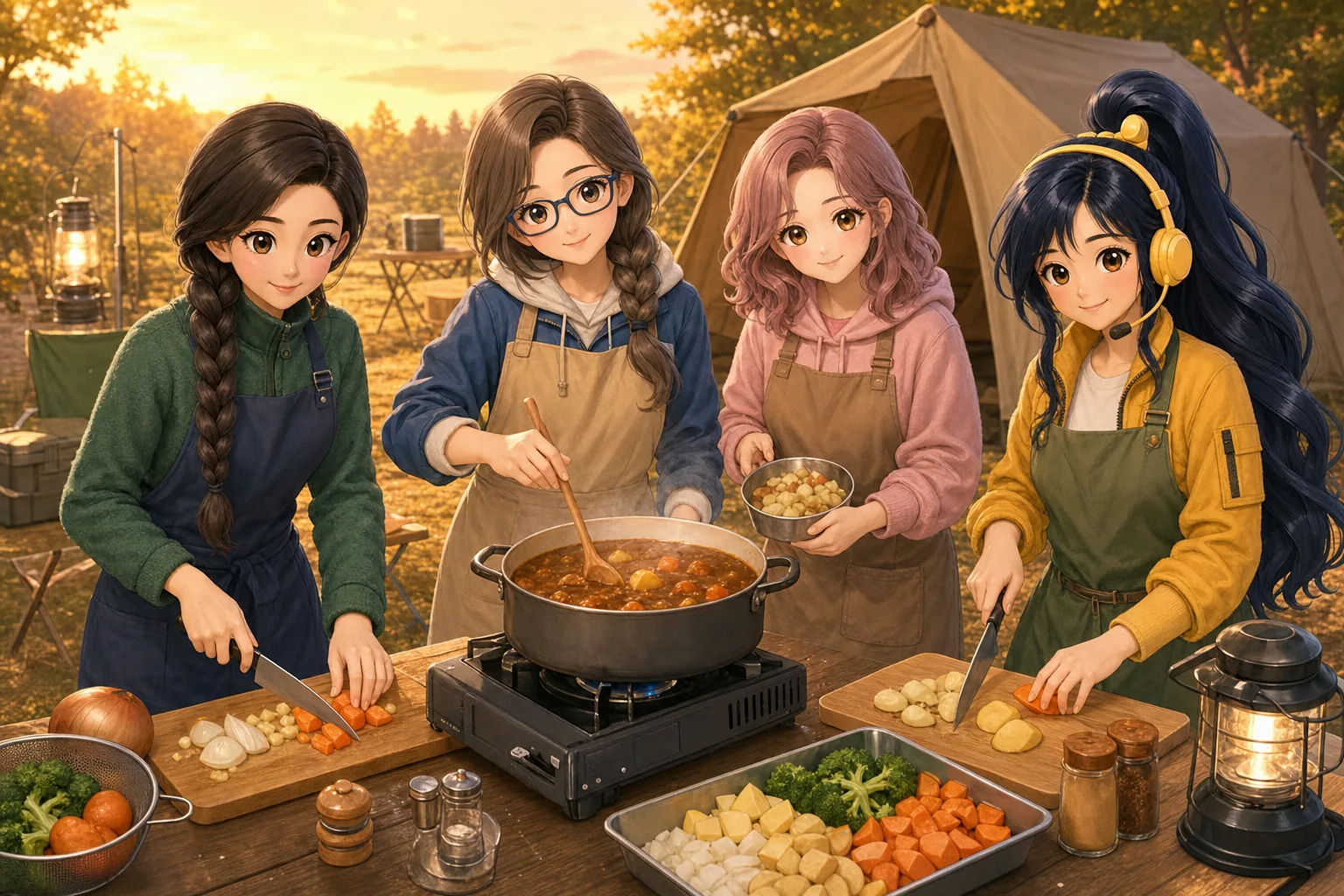 銀城ナディア先生、灰原さや、薔薇崎ねむ、紺野アキがキャンプでカレー作りを楽しむ様子