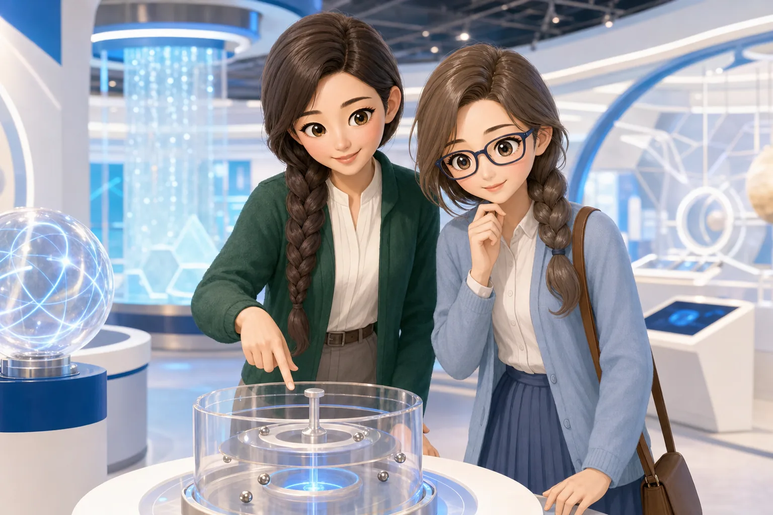 銀城ナディア先生、灰原さやが科学館の体験展示を楽しむ様子