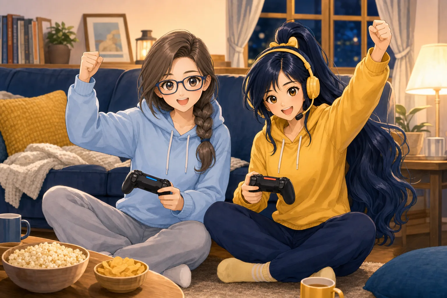 灰原さや、紺野アキが部室で協力ゲームを楽しむ様子
