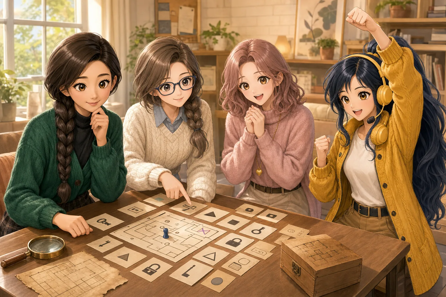 銀城ナディア先生、灰原さや、薔薇崎ねむ、紺野アキがテーブル謎解きゲームを楽しむ様子