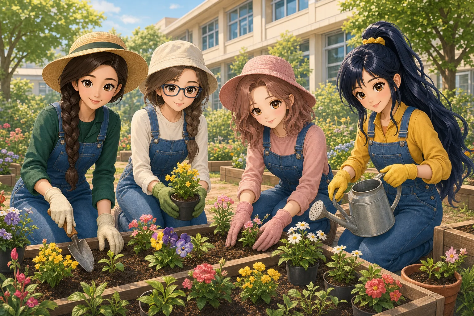 銀城ナディア先生、灰原さや、薔薇崎ねむ、紺野アキが校庭のガーデニングを楽しむ様子